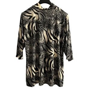 Susan Graver Top Women XL Liquid Knit Black Animal Print Sequin Tunic‎ Pullover
